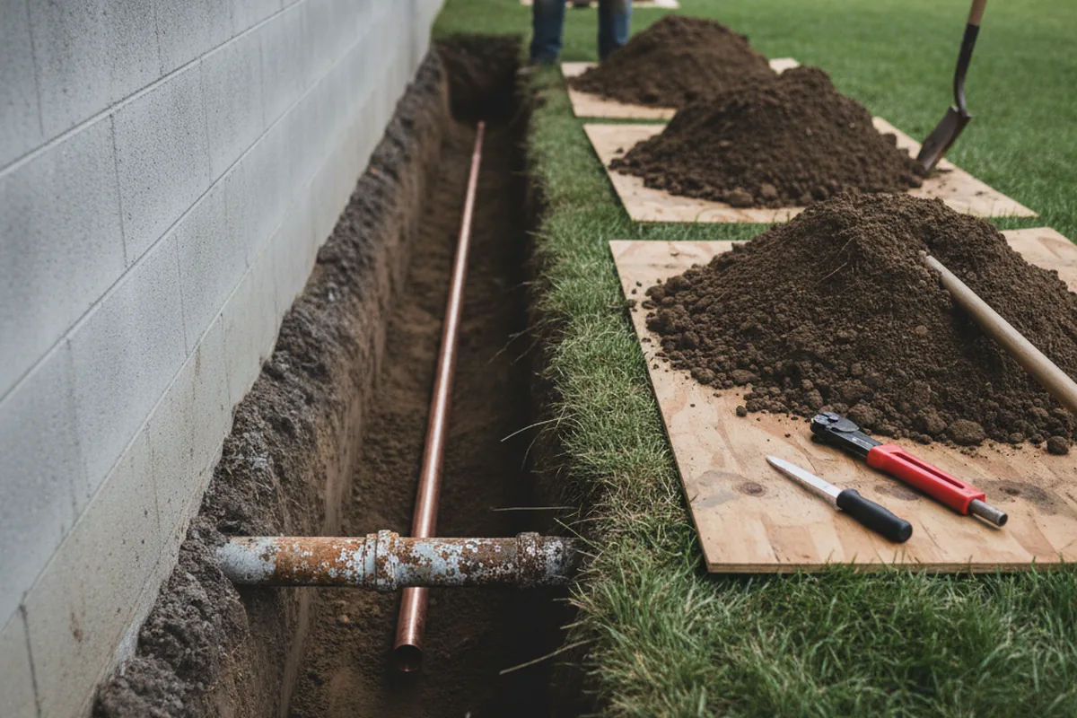 Excavated water line trench during Sewer Line Repair in Willet